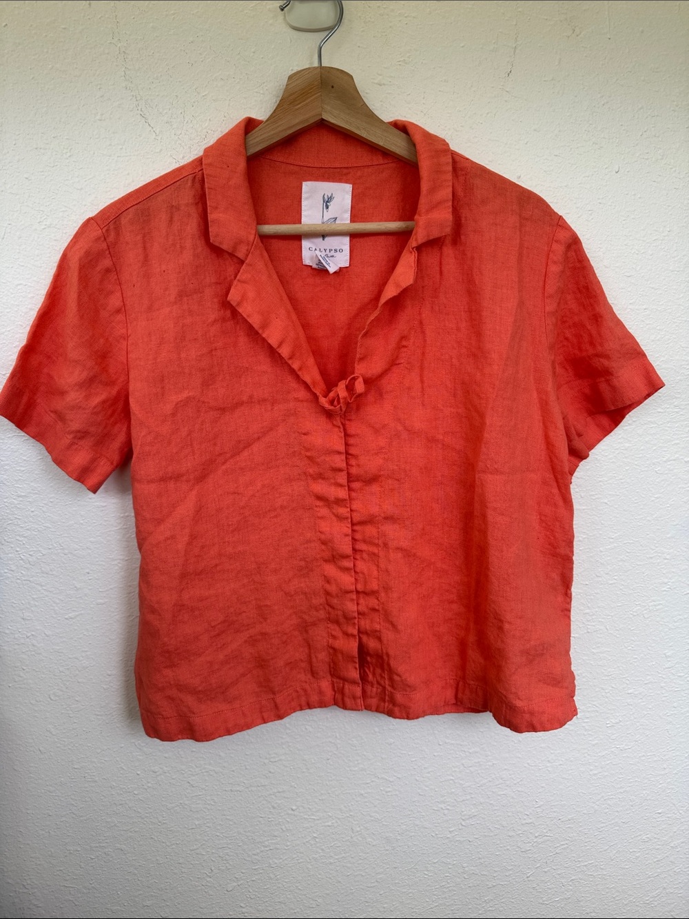 Calypso St. Barth 100% Linen Boxy Oversized Tie Front Collared Top Size M Crop